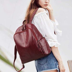 Women JD PU Leather Backpack Wine